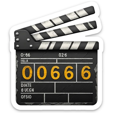 Minimalist emoji-style sticker of a cracked movie clapperboard with the date “06/06/66”, faint scorched marks, all in grayscale


 sticker