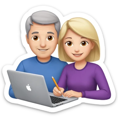 a middle aged man and a womanlooking at laptop and writing and smiling sticker