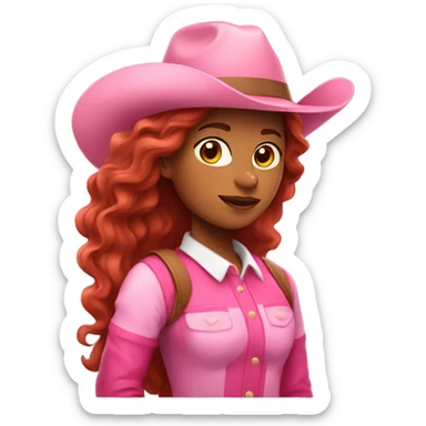 Latina girl with long red wavy hair and pink hat and pink boots riding a horse sticker