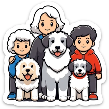 A family with mom, dad, three sons, and an Old English Sheepdog sticker