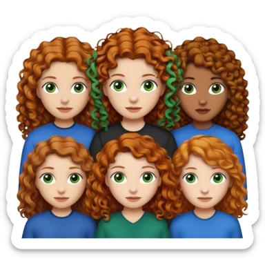 Make me 3 girls. One with medium size curly ginger hair, white skin and green eyes,  one with long curly dark brown hair with a little just a little darker skin and brown eyes,  and one with white skin and straight dark blonde hair and blue eyes  sticker