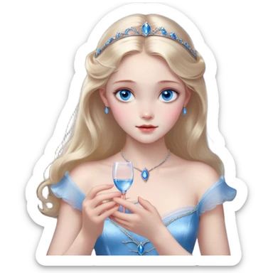 Cinematic Realistic Cinderella Portrait, depicted with lifelike skin texture, subtle rosy undertones, and soft natural lighting that enhances the gentle contours of her face. Her intricately detailed golden blonde hair is elegantly styled in an updo, with delicate wisps framing her face. Her deep, expressive blue eyes radiate warmth and sincerity, reflecting a quiet resilience and grace. She holds a glass slipper gently in one hand, her other hand resting gracefully at her side, emphasizing the timeless beauty of the moment. She is dressed in her iconic ball gown, the fabric shimmering with intricate embroidery and fine translucent layers that catch the light beautifully. The soft sheen of satin gloves adds a magical touch to her graceful pose. The portrait features an enchanting glow with a natural, luminous finish, seamlessly blending realism and fairytale charm to evoke a sense of depth, elegance, and timeless beauty. sticker