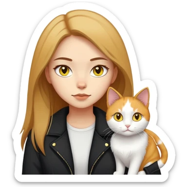 A light-skinned brown straight-haired girl wearing black jacket, along with two cats. One cat is pure white cat with yellow eyes, another is a calico cat sticker
