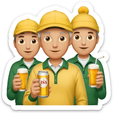 16 men on a golf trip wearing yellow golf caps all holding a beer can with a Xmas style label sticker