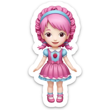 Isolated detaile illustration of the most modern raspberry torte doll figurine full body with pink hair and a hairband sticker