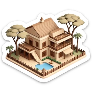 Isometric exterior brown and beige Walt Disney World Animal Kingdom safari resort, dollhouse style 3D realistic  sticker