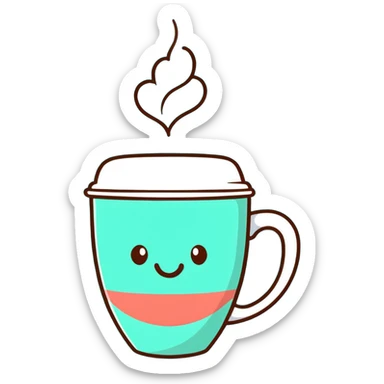 smiling hot coffee cup with heart-shaped steam, mocha brown tones, kawaii soft hand-drawn sticker