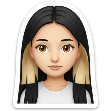 make a girl emoji with straight long black hair and blonde highlights and brown eyes with pretty eyelashes wearing a white top sticker