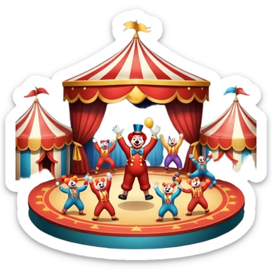 Professional icon for Circus Arts: a dynamic circus stage with acrobats in mid-performance, a clown and trained performing bears. The icon should convey the skill and excitement of the circus, with precise details on costumes, props, and the arena setting. Transparent background. sticker