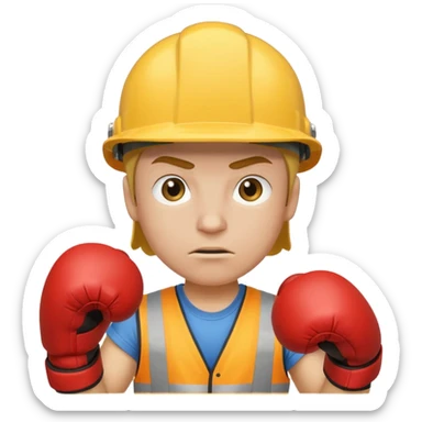 construction worker with yellow helmet and boxing gloves, determined facial expression sticker
