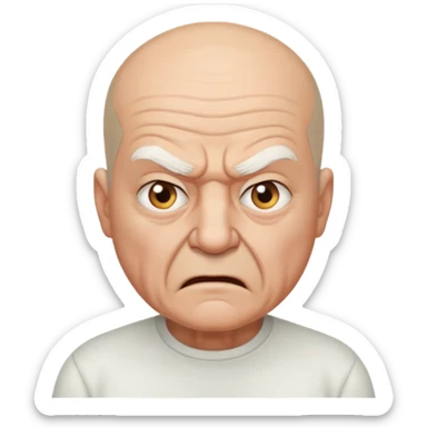 a portrait of angry elderly man, bald head, wearing shirt sticker