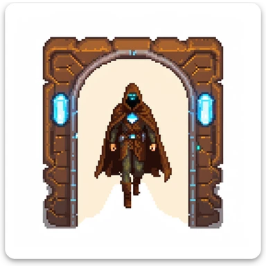 A mysterious man with a brown cloak and futuristic high-tech mask stepping out of a glowing portal sticker