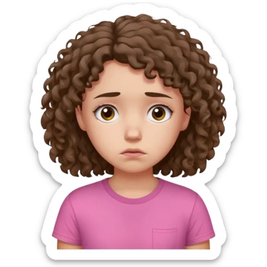 Young girl with unkempt curly hair and a pink T-shirt, looking sad and discouraged sticker