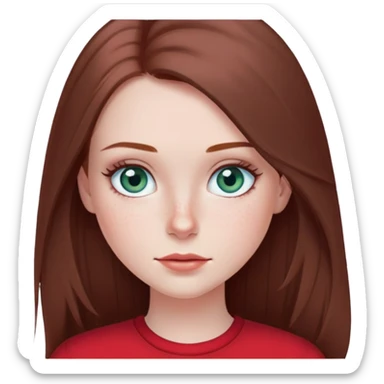 girl with long lashes, brown hair with greyish tone, with straight long hair, blue green eyes, in red clothes, with pale skin with freckles, and long lashes  sticker