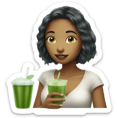 Pretty girl holding a glass cup of iced matcha  sticker