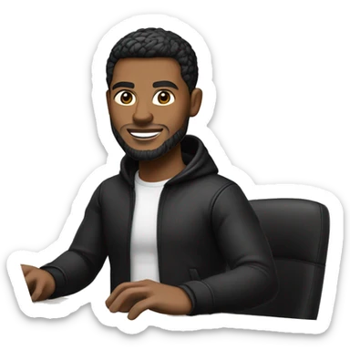 memoji of a man with a laptop in front, apple-style, fair white skintone, black jacket or hoodie,modern,black hair,black sweater,computer in hand,sitting on his desk sticker