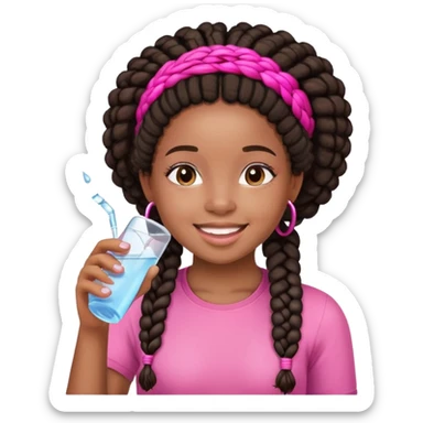 A young afro girl with African braids drinking Water. She has a happy face and is dreesed on pink sticker