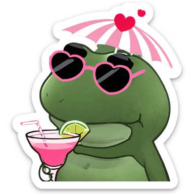 bufo frog with a striped umbrella hat, wearing heart-shaped sunglasses, holding a pink cocktail sticker