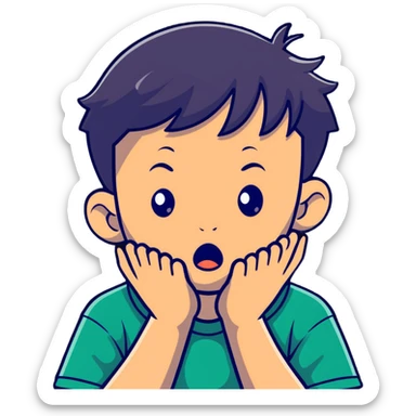 A young boy with both hands pressing on his cheeks, looking amazed or shocked sticker