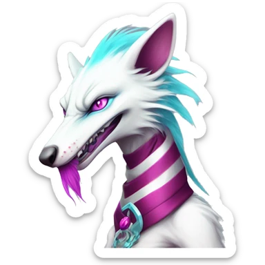 White elegant beautiful natural cute badass epic anthro modern albino sergal-vernid-Fakémon with cyan mane and magenta eyes with cyan edgy stripes, anthropomorphic, two-legged, digitigrade, full body sticker