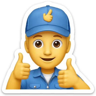 hat emoji giving thumbs up with blue trucker style cap with white front sticker