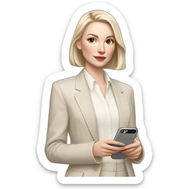 pale skin woman with ash blonde Straightened bob Hair, White Spacious classical jacket, beige palazzo Arrow pants and gray blouse holding white IPhone 15 pro in the hands sticker