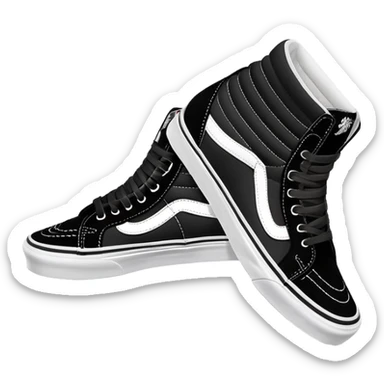 Pair of black Vans Sk8-Hi high top sneakers with white stripe, one positioned behind the other, showing the signature side stripe, black canvas and suede sticker