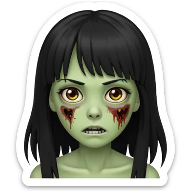 Zombie emoji girl, skin green, black long hair with bangs black, brown eyes  sticker
