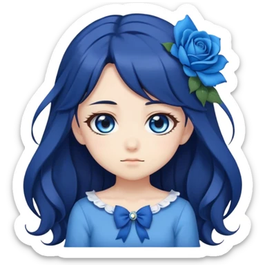 cute anime girl emoji, long dark hair, blue rose hair accessory, big blue anime eyes, chibi anime style sticker