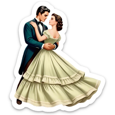 Icon for Romance Movie: A vintage movie poster-style design inspired by Gone with the Wind. Include romantic, sweeping imagery like Scarlett O'Hara in a flowing dress, Rhett Butler, a plantation backdrop, and fluttering wind-blown fabric. Soft, nostalgic cinematic feel. Transparent background. sticker