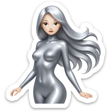 abstract sensual body silhouette, liquid silver chrome, smooth curves and posing, long metallic chorme hair sticker