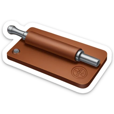 Leatherworking icon, big rolling piece of raw leather with started engraving, engraving tool or chisel, stamp or press, textured surface, minimalistic style, clean lines, transparent background. sticker