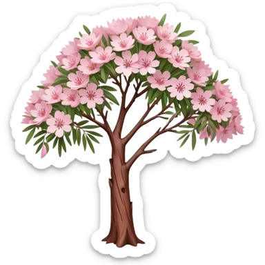 Cinematic Realistic Melaleuca Emoji, Elegant and resilient, with peeling, papery bark and delicate, needle-like leaves. The tree stands tall and graceful, with clusters of white and pink flowers dotting the branches. Soft glowing outline, capturing the essence of natural elegance and resilience in a beautiful melaleuca tree! sticker