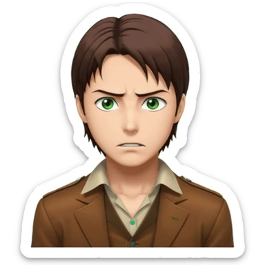 “Make him look like Eren Yeager S3 — long brown hair tied back, strong jawline, sharp green eyes, that cold, intense Eren vibe.” sticker