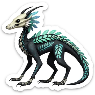 Rare realistic skeletal tribal patterned whitish pastel colorful iridescent shiny glossy feathery epic handsome gorgeous aesthetic black-skulled Vernid-Trico-Sergal-Salandit-Nargacuga-species-Fakemon-creature by LiLaiRa, 4 legs, 1 tail, random markings, (full body) long ears sticker