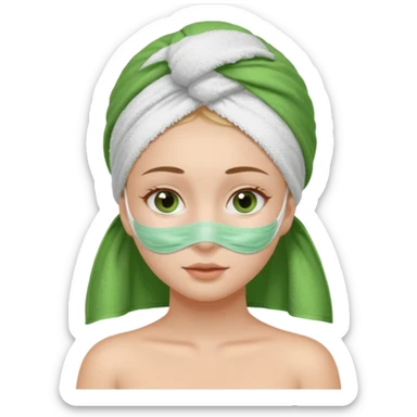 Una chica con una toalla en la cabeza y en el cuerpo y con una mascarilla facial  sticker