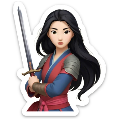 Cinematic Realistic Mulan Portrait, depicted with lifelike skin texture, soft natural lighting, and intricately detailed long black hair styled elegantly. Her deep, expressive eyes exude determination and grace, complemented by a serene yet confident expression. She stands with one hand resting on the hilt of her sword, the other by her side, exuding strength and poise. She is dressed in her classic attire, with rich fabric textures and delicate folds that catch the light beautifully. The portrait features a soft, enchanting glow with a natural, radiant finish, capturing the essence of timeless strength and beauty in a realistic and painterly style, evoking a sense of depth and authenticity. sticker