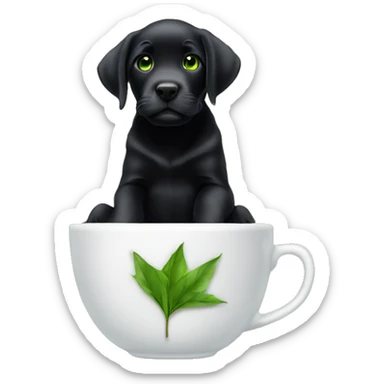 a black labrador puppy with green eyes sitting in a tea cup sticker