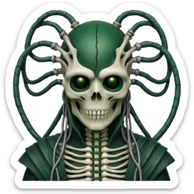 HR giger, wires dark green flesh undead sorcerer, head. bones and skin sticker