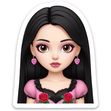 pale skin, girly bratz baddie, beautiful dark brown eyes, pretty makeup, long dark black straight hair, girly rose clothes sticker