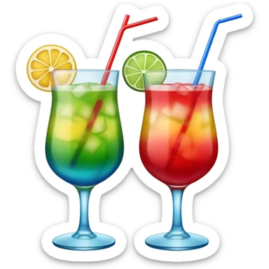 Create two emoji of clear red blended yellow cocktail, cheers with blue blended green cocktail, without any fruit, without skewers, without tube sticker