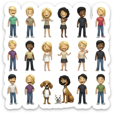Gay couple, 1 Latino black hair man and 1 Australian blonde hair girl with a dog in the middle laughing full body sticker