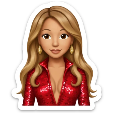 Mariah Carey with long dark blonde hair, red sequin jumpsuit sticker