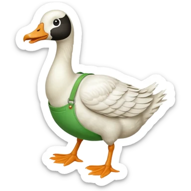 "Emoji of a white running goose with a very long neck and two legs. The goose wears bright green dungarees." sticker