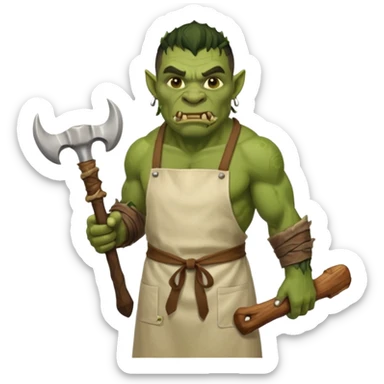 orc male Apron with "Kiss the Cook" (scratched out, replaced with "Fear the Cook"), giant rib bone as a weapon. sticker