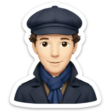 sherlock holmes benedict cumberbatch smile, wearing a deerstalker hat, Long dark coat, Dark suits, dark Blue scarf sticker