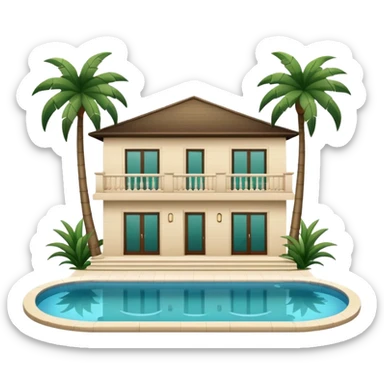 light beige luxury villa with dark green palm trees and swimming pool, side view, emoji style sticker