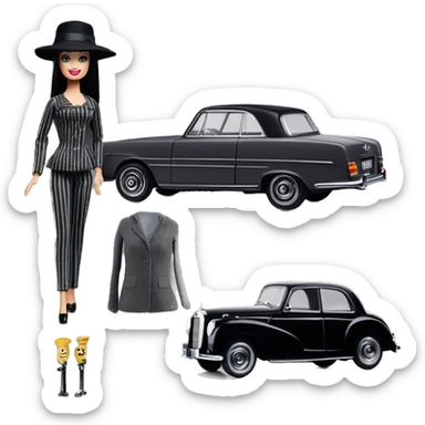 Bouclé Beauty Lingerie Barbie, 1965 Morticia Addams from academy, in dark-gray and black striped outfit with hat. Driving 1965 Mercedes 190 sticker