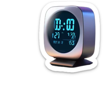Create a sleek, modern alarm clock with a holographic display, set on a nightstand in a futuristic bedroom sticker