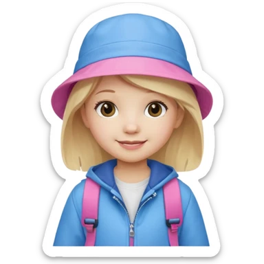 A little girl student white skin, blonde hair, with pink bucket hat, white jacket, blue backpack sticker